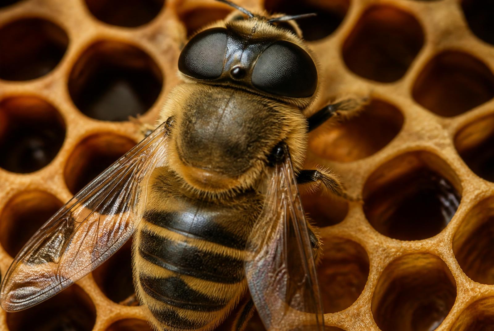 Drone bee resting on honeycomb